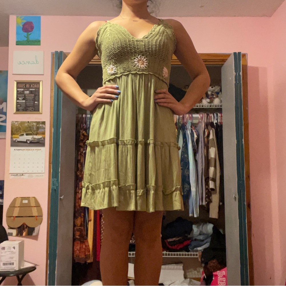 Green Sunflower Crochet Knit Summer Sundress